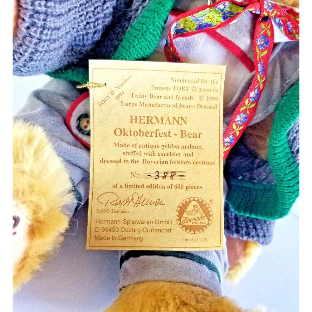 Vtg HERMANN Oktoberfest Mohair Teddy Bear Limited Edition Collectible 1994 - Picture 3 of 15